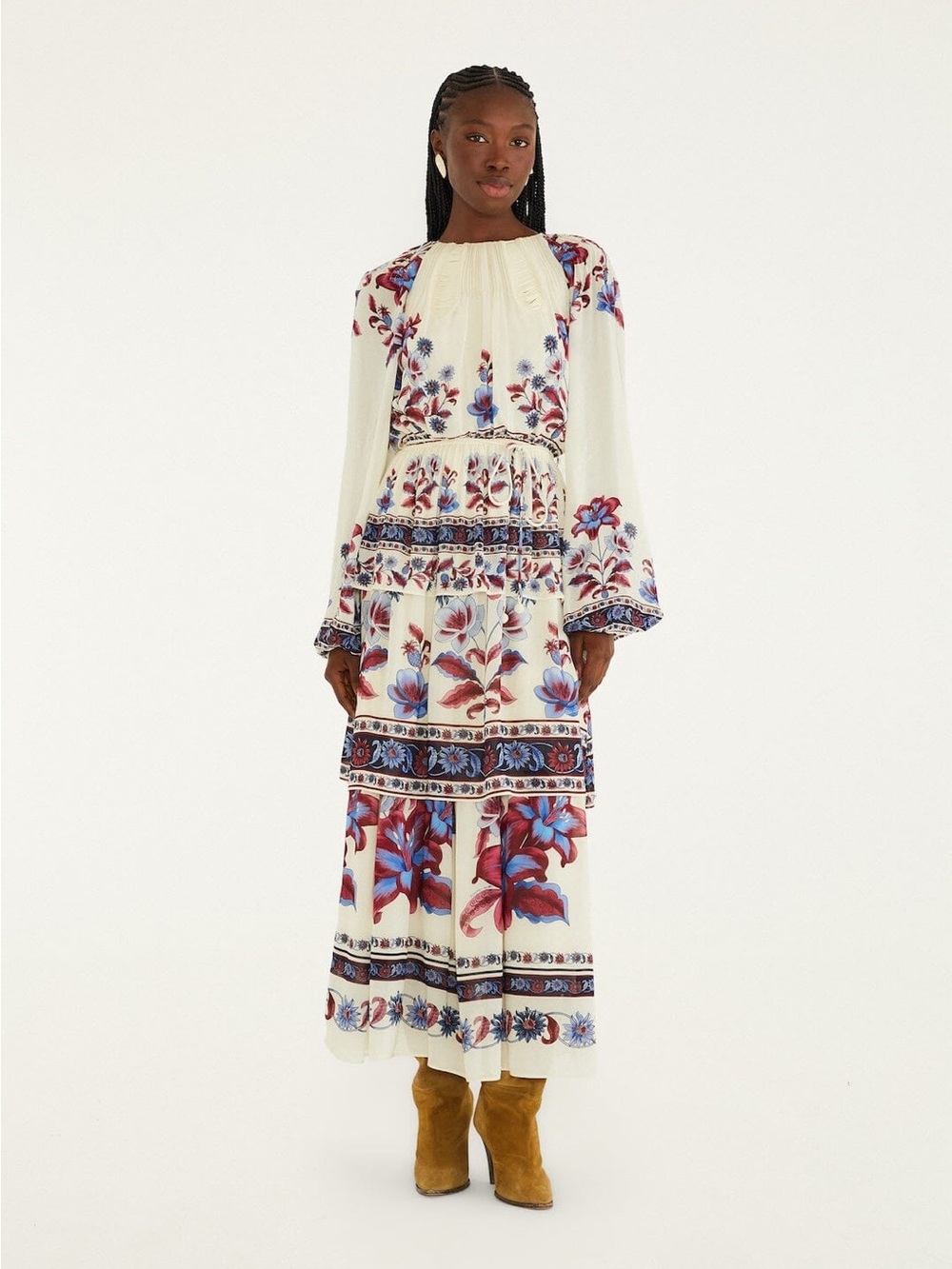 Farm Rio White Malu Winter Cut-Out Long Sleeve Maxi Dress